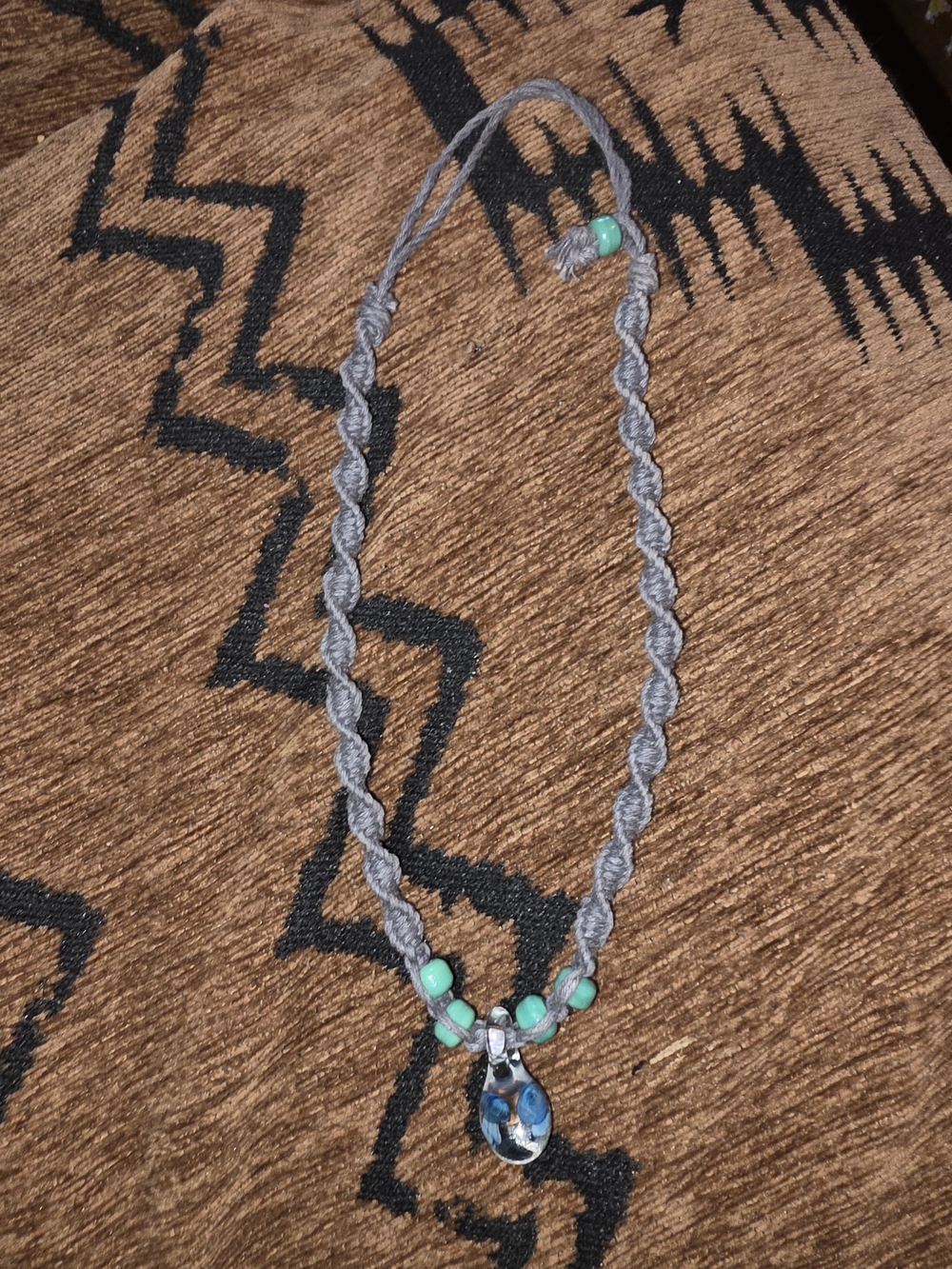 Handmade Gray Macramé Necklace with Turquoise Beads and Blue Pendant
